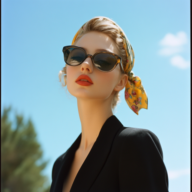 Woman in 1950s-inspired fashion wearing cat-eye sunglasses, a black blazer, and a floral headscarf under a clear blue sky.