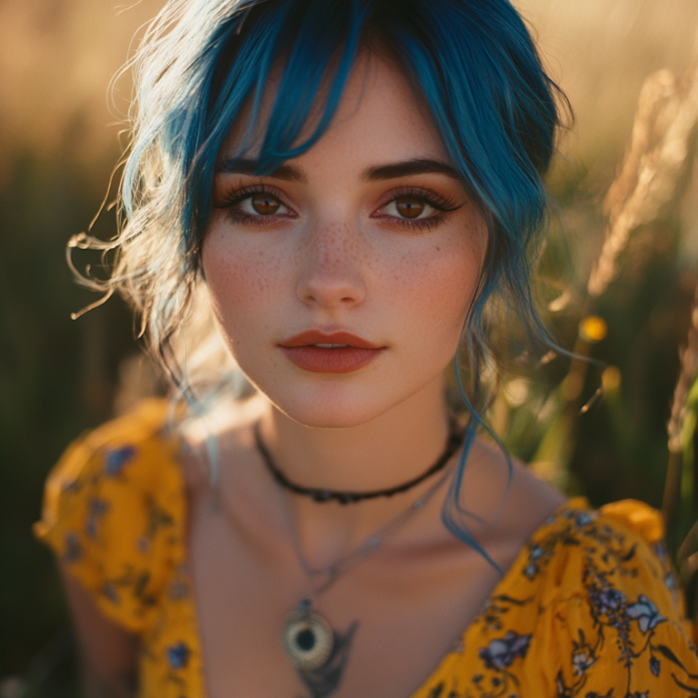 Close up shot, centered view of a women with Blue hair