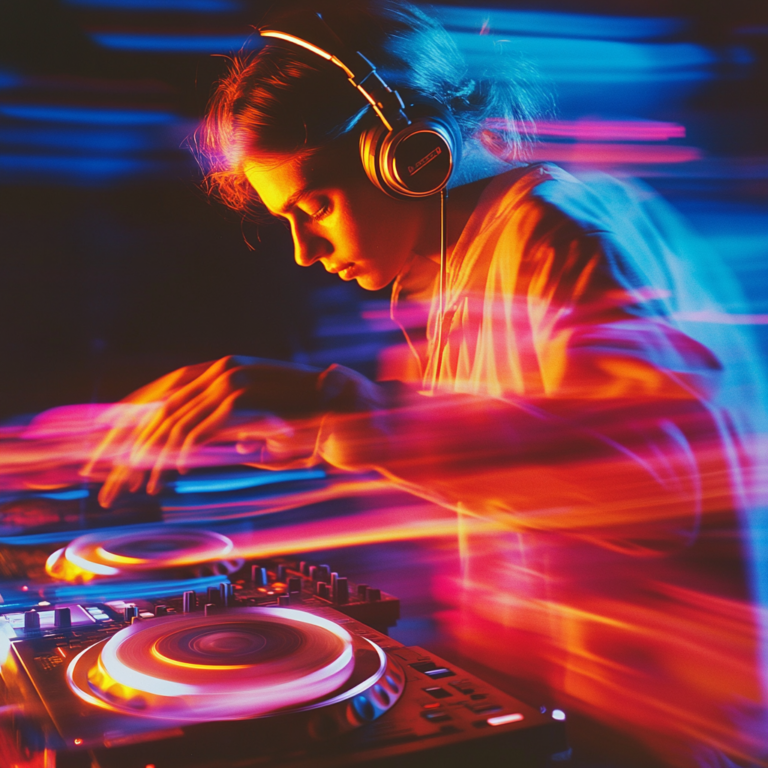 Young DJ with headphones using a turntable, surrounded by neon motion blur effects