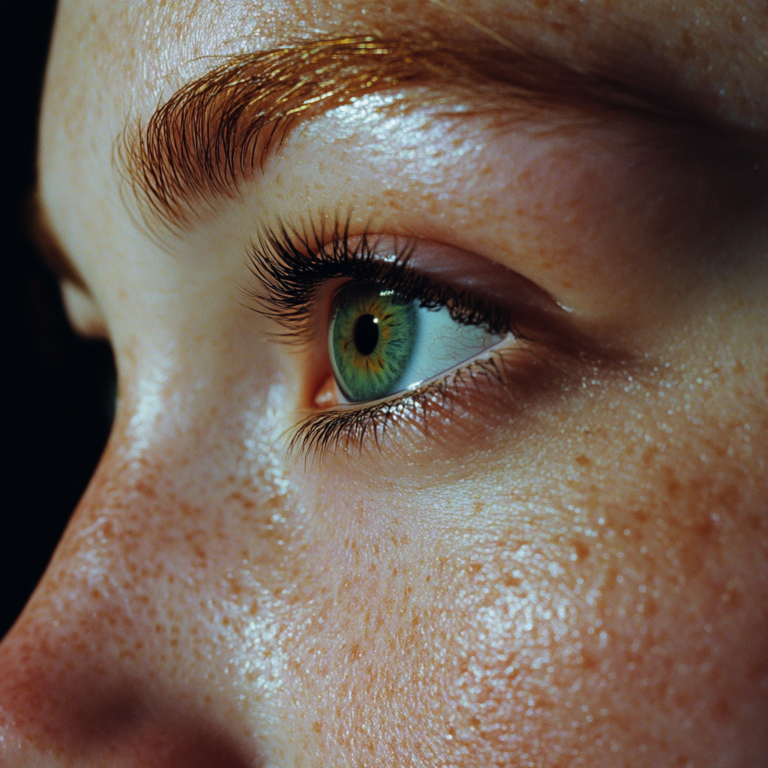 Close-up of a freckled face highlighting a vibrant green eye with glistening skin texture.