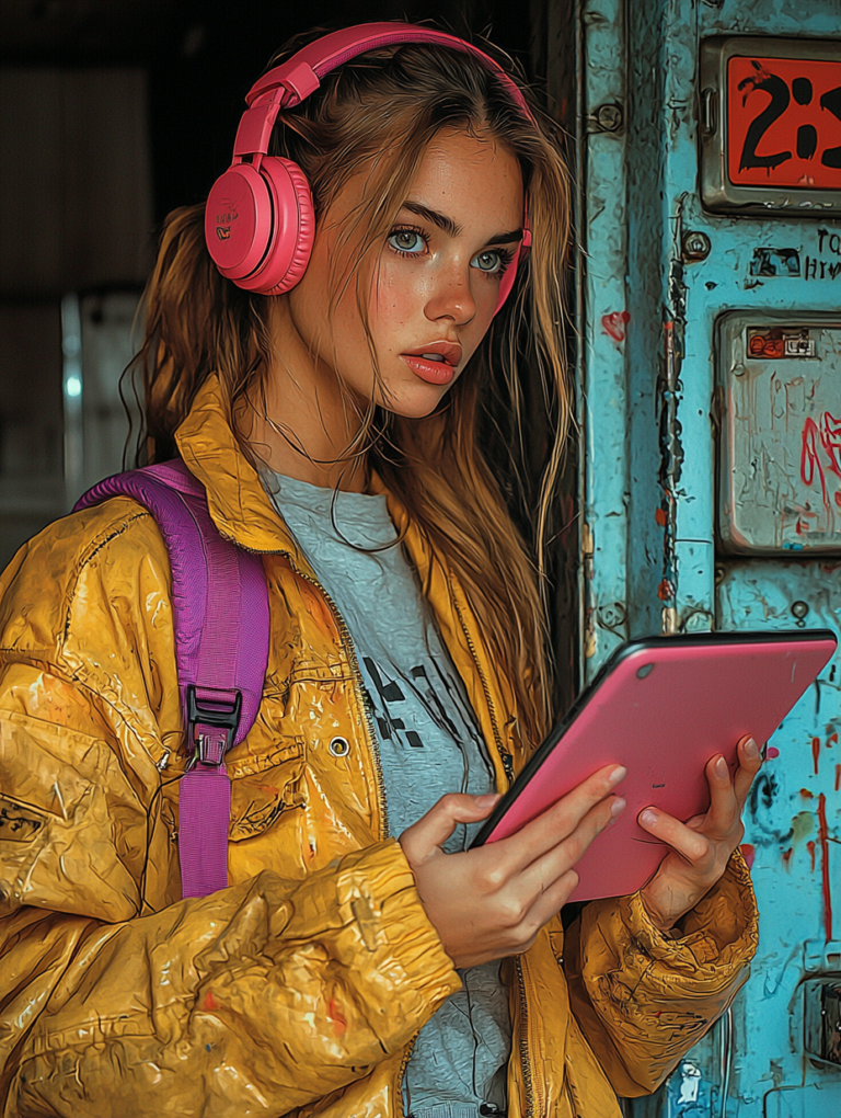 Teenage girl in pink headphones holding a tablet, wearing a yellow jacket, standing against a gritty urban backdrop