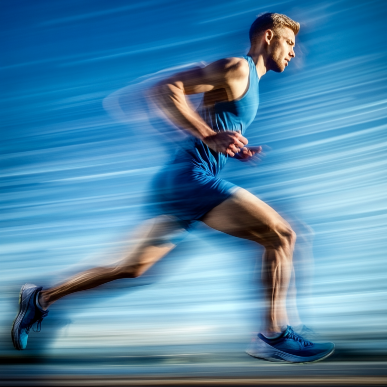 Athletic runner in blue outfit with motion blur in the background under clear blue skies.