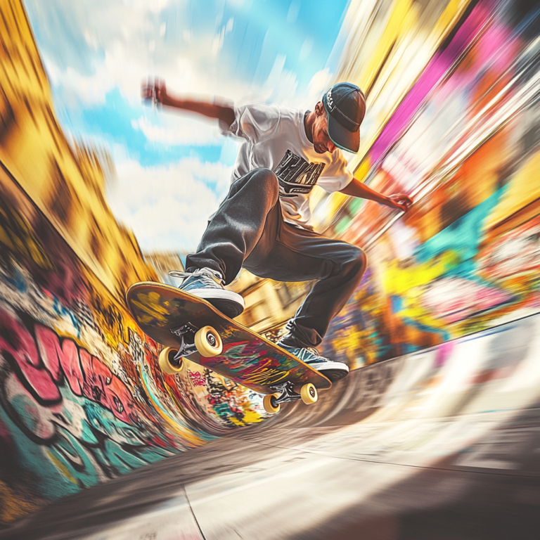 Midjourney Prompt for Skateboarder mid-air performing a trick with motion blur and graffiti wall in the background