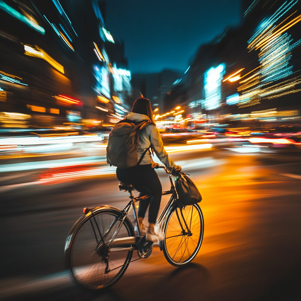 Urban Cyclist at Night with Motion Blur in a Cityscape Setting