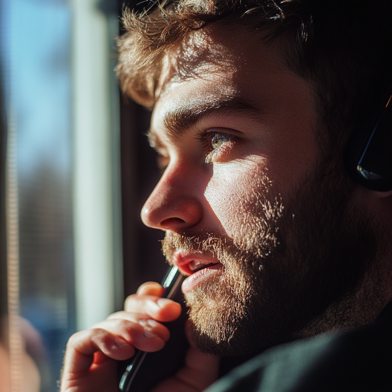 Close-up of a bearded man wearing headphones, gazing thoughtfully out of a window with sunlight streaming in.