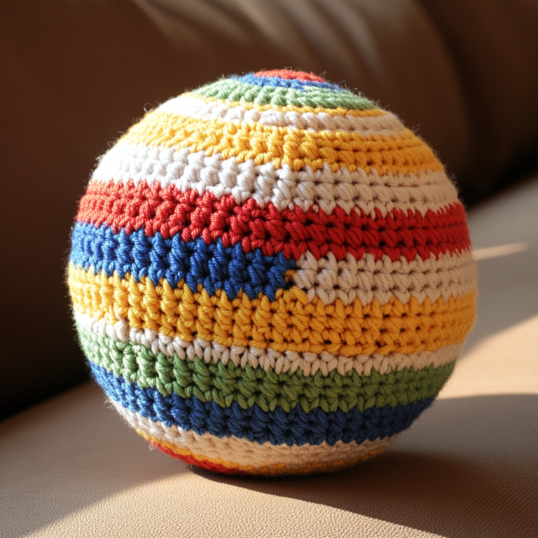 A colorful crocheted ball made with bright stripes of yarn resting on a sofa