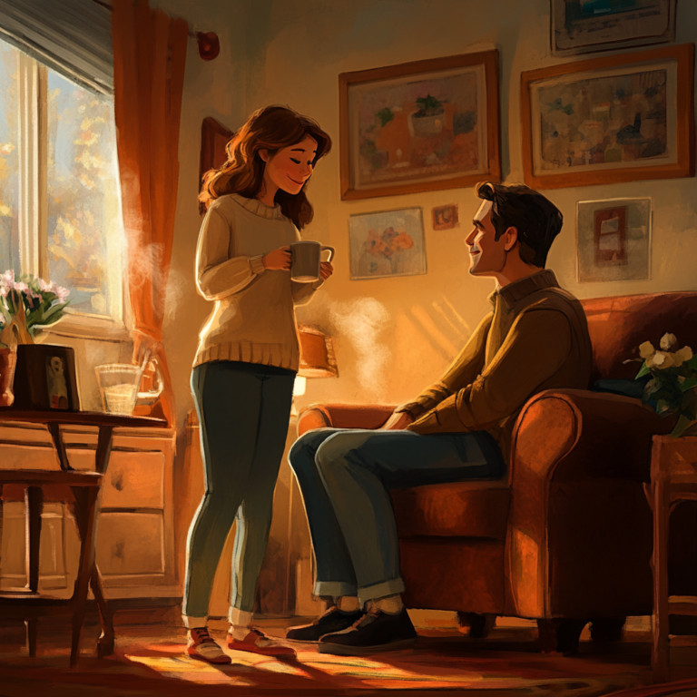 Pixar Art of Middle Aged Couple in Living Room