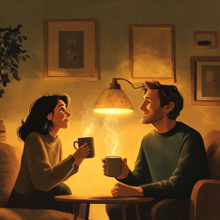 Pixar art of couple having coffee