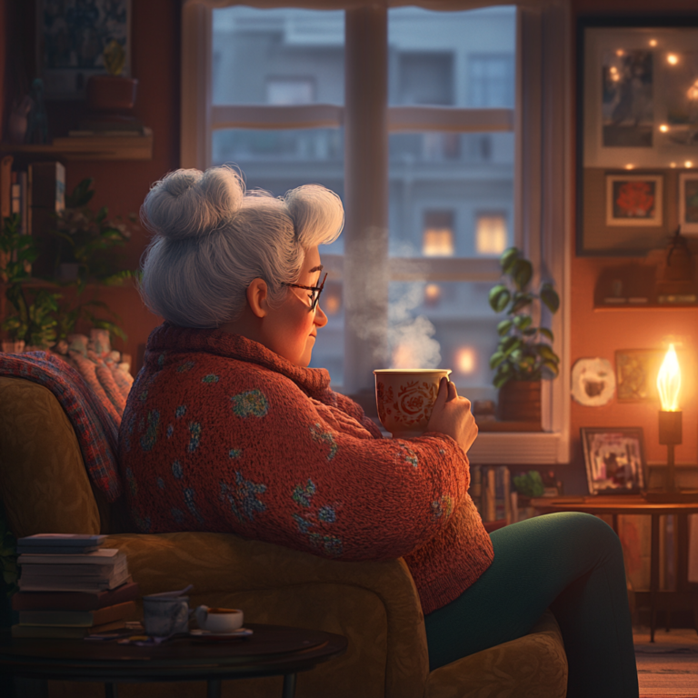 Pixar art of grandmother holding Coffee