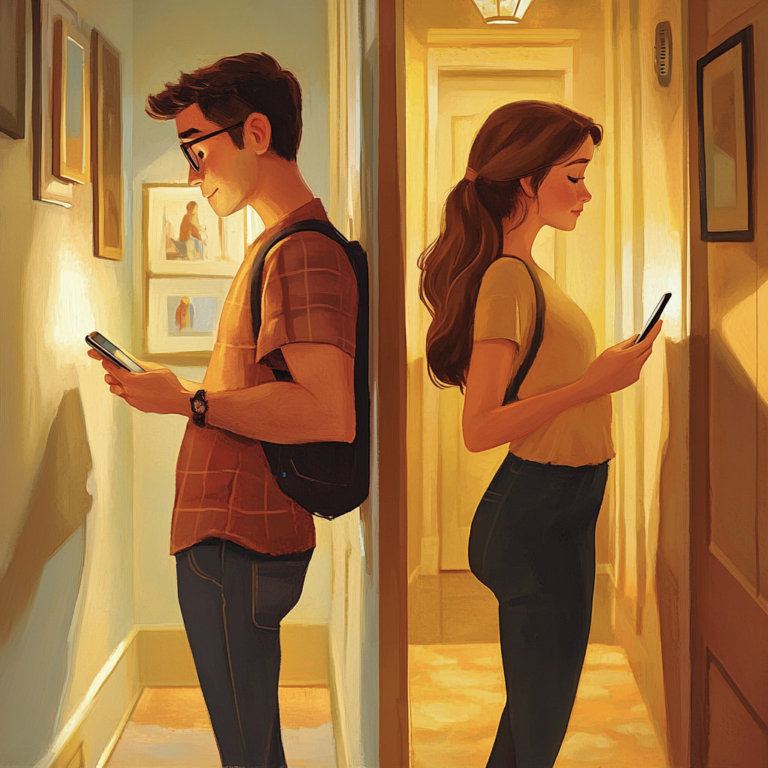 Pixar art of couple Passing in Hallway