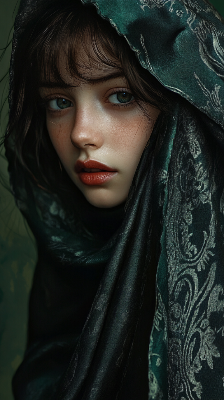 Girl wearing a dark green silk scarf