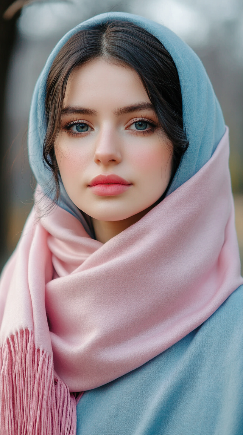 A lady with Pink and Blue Pashmina Scarf