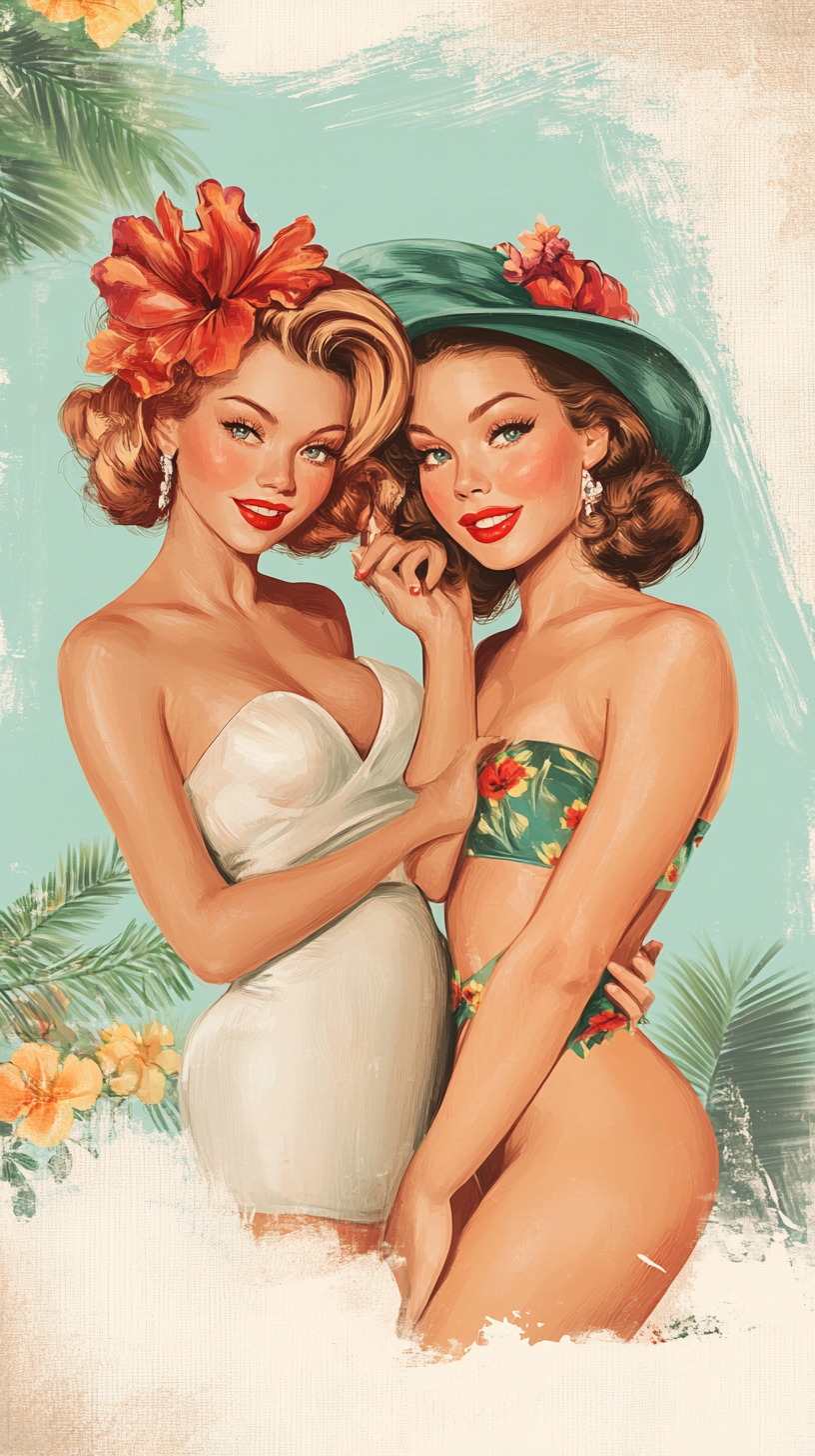 Midjourney Prompt for 1950s pin up style illustration of two women 2