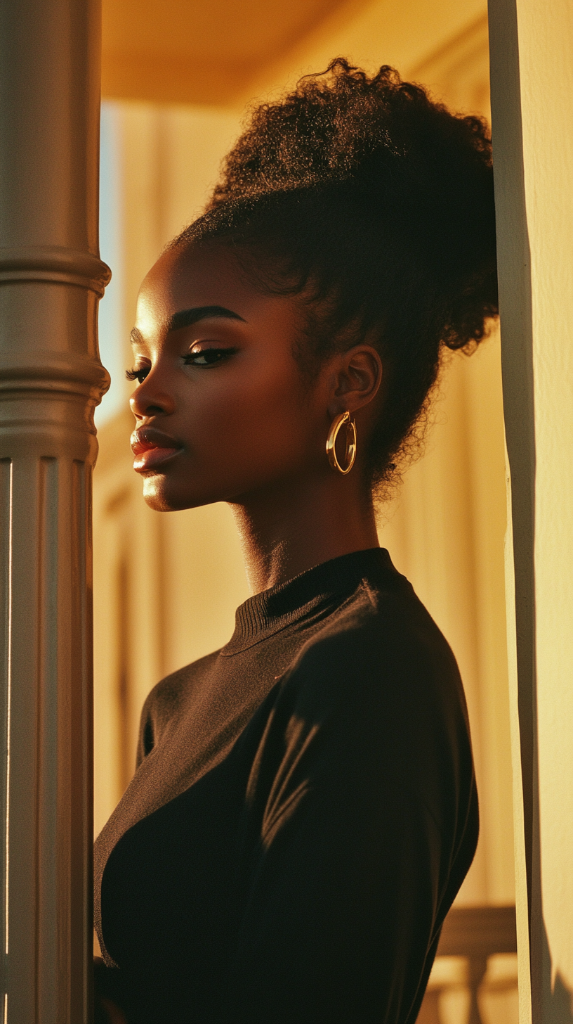 Midjourney Prompt for Three Quarter view of black lady in Golden hour