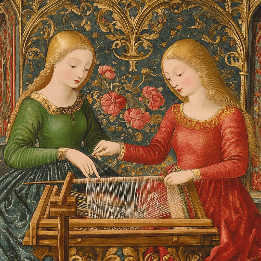 Midjourney Prompt for medieval ladies weaving at a decorative loom