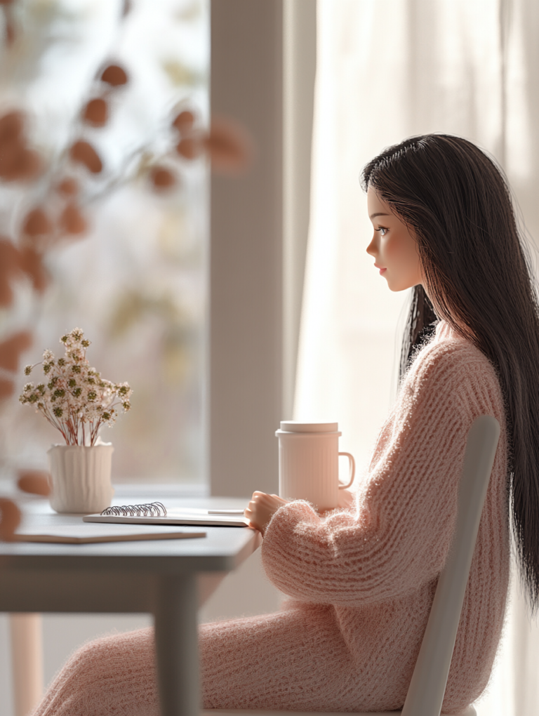 Side profile of a doll seated at a tidy