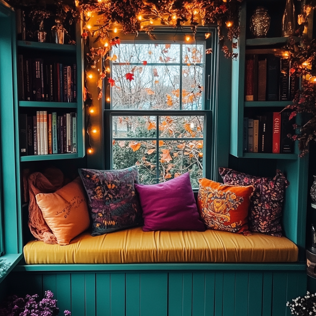 Cozy window reading nook with built in bookshelves