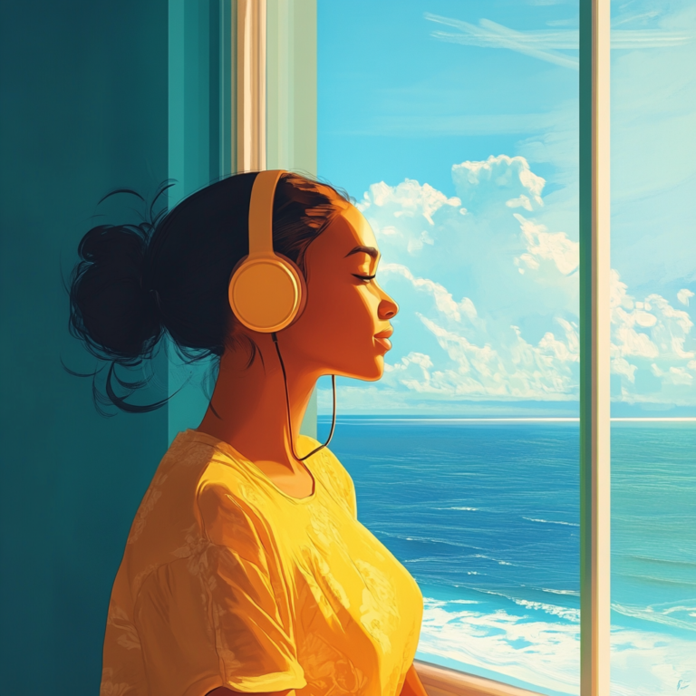 Midjourney Prompt for Digital Illustration of woman listening to music with headphione