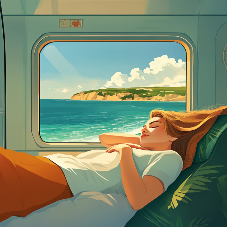 Midjourney Prompt for Digital Illustration, woman sleeping in a train