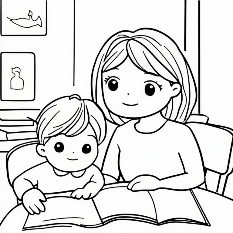 KLING AI PROMPT FOR COLORING BOOK OF MUM AND KID