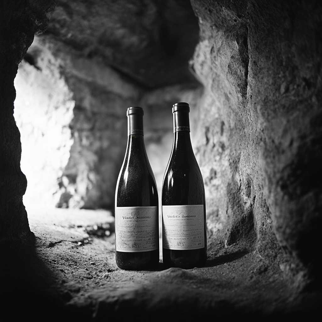 Midjourney Prompt for two wine bottles in a hsitorical cave