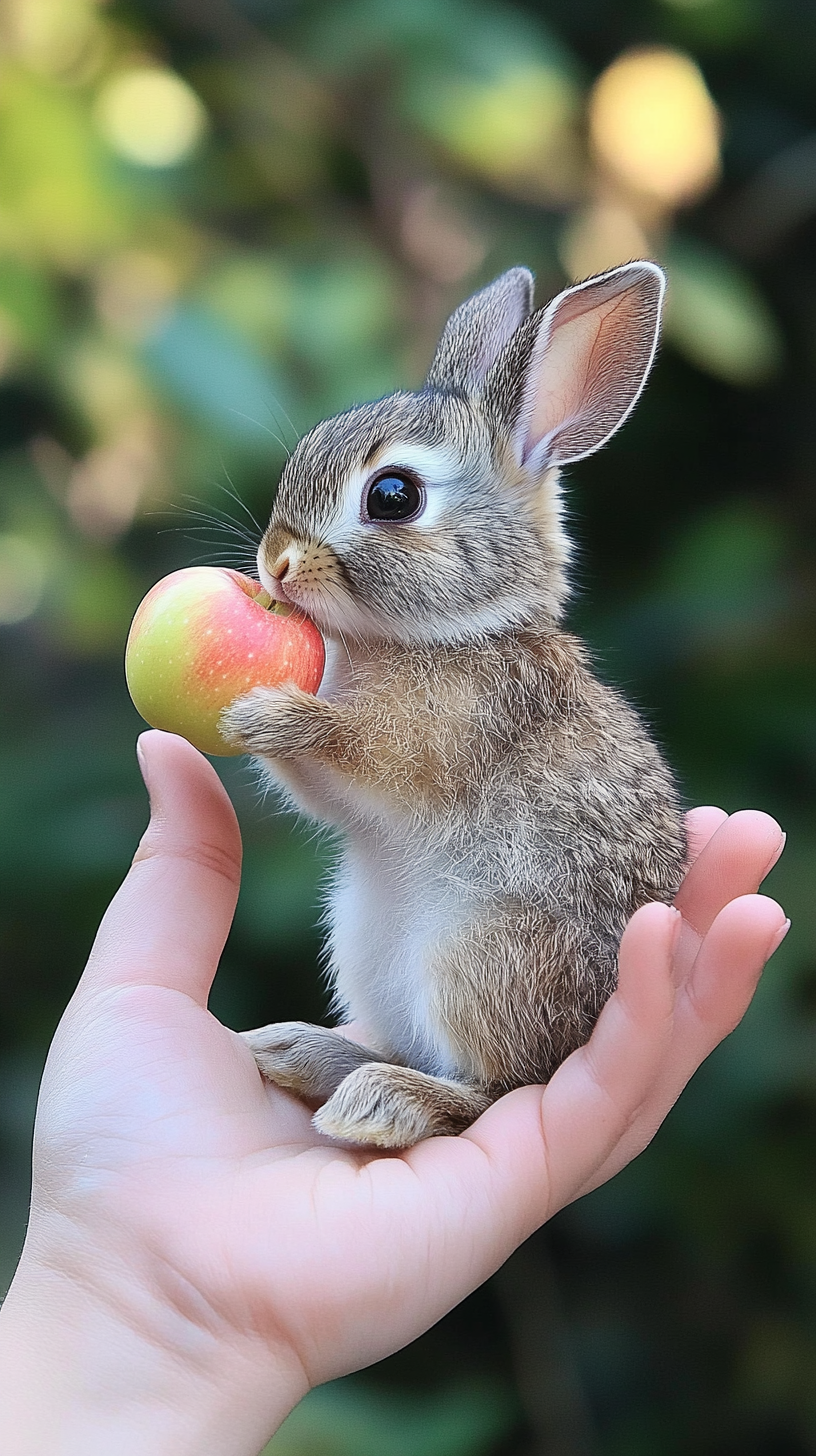 Midjourney prompt for miniature rabbit eating apple