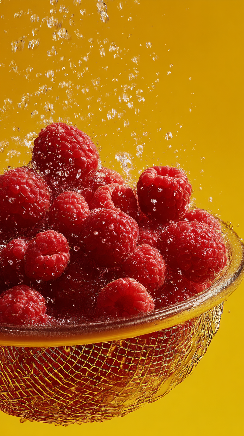 MIDJOURNEY PROMPT FOR raspberries being gently washed
