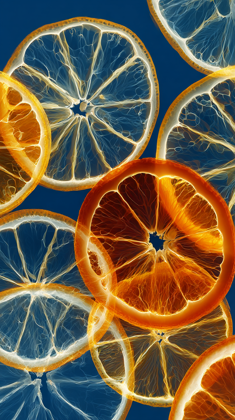 Midjourney prompt for oranges in Xray style